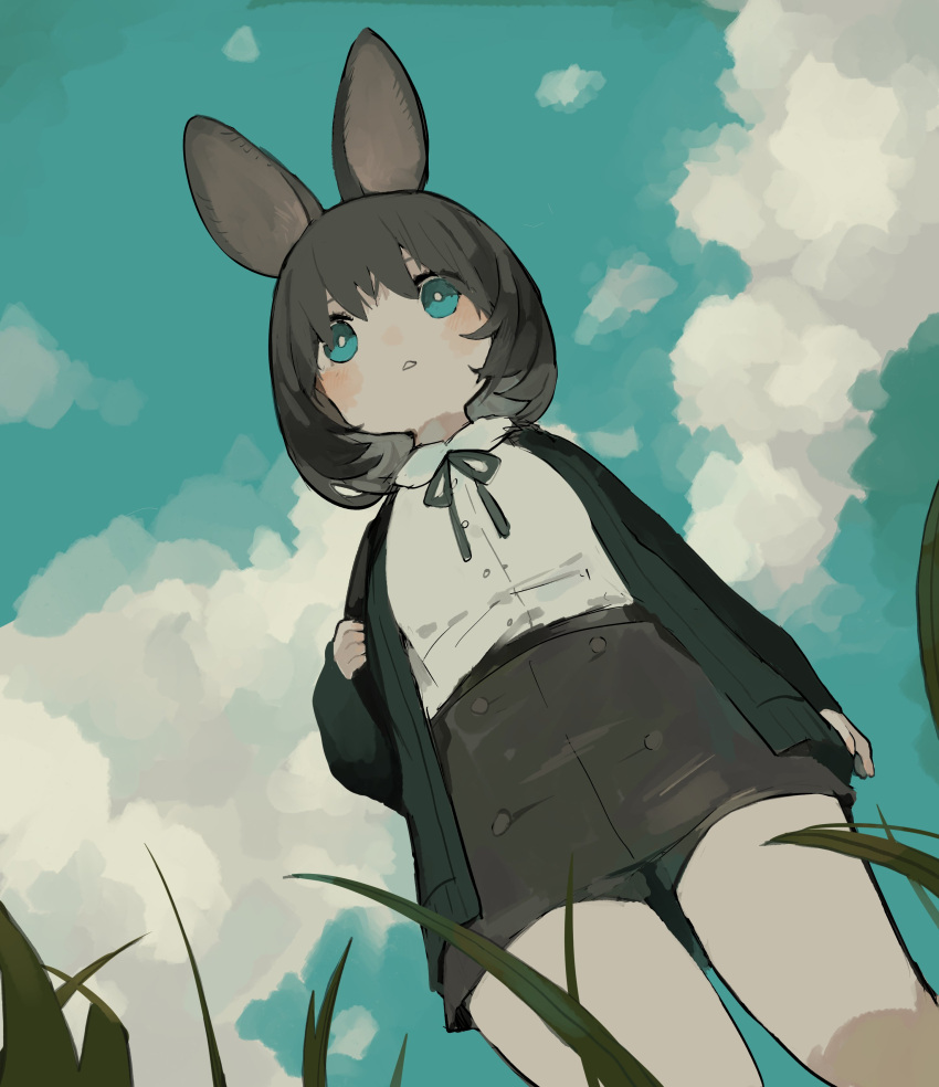absurdres animal_ears black_hair blue_eyes blue_sky blush bright_pupils cardigan clouds cloudy_sky commentary_request from_below grass hand_up highres holding looking_afar looking_ahead open_cardigan open_clothes original outdoors parted_lips rabbit_ears rabbit_girl ribbon sakutake_(ue3sayu) shirt shorts sky white_pupils