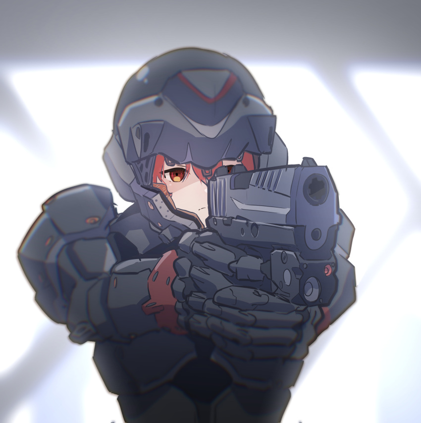 1girl absurdres aiming_at_viewer armor finger_on_trigger frown full_armor gun handgun helmet highres holding holding_gun holding_weapon orange_eyes original power_armor redhead science_fiction sigure-zzzz solo weapon