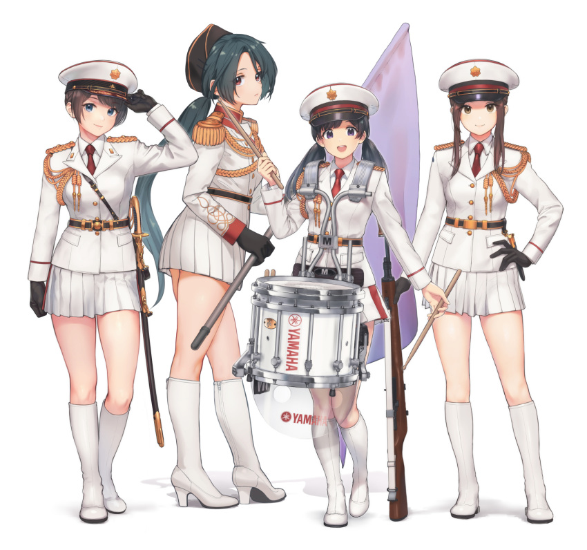 4girls :d adjusting_clothes adjusting_headwear arm_up black_gloves black_hair black_headwear blue_eyes boots brown_eyes brown_hair closed_mouth collared_shirt commentary drum drumsticks english_commentary epaulettes flag genso gloves gun hat high_heel_boots high_heels highres holding holding_flag holding_gun holding_weapon instrument jacket knee_boots low_ponytail low_twintails multiple_girls necktie original parted_bangs peaked_cap pleated_skirt ponytail red_eyes red_necktie shadow shirt simple_background skirt smile standing twintails weapon weapon_request white_background white_footwear white_headwear white_jacket white_shirt white_skirt yamaha
