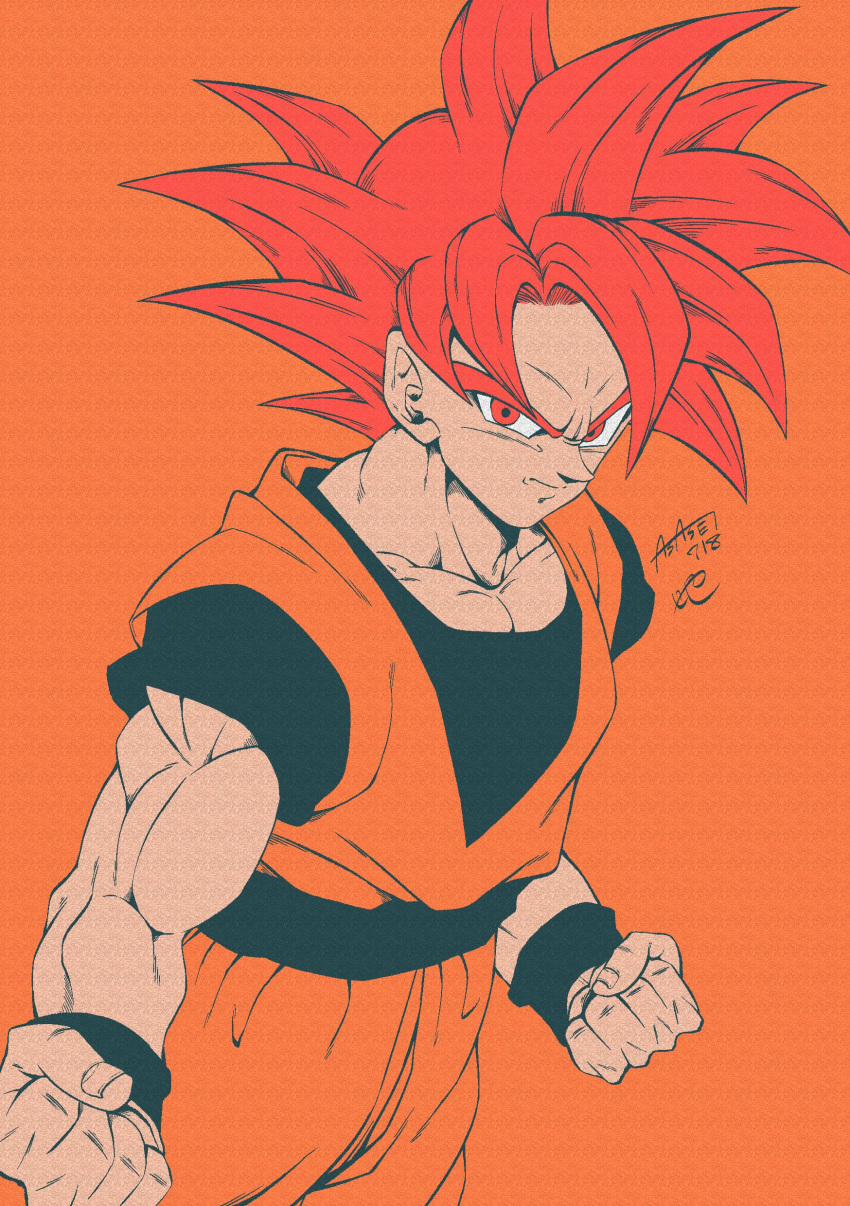 1boy absurdres artist_name biceps black_sash black_shirt black_wristband clenched_hands closed_mouth collarbone commentary_request dougi dragon_ball dragon_ball_super highres looking_at_viewer male_focus muscular muscular_male orange_background pectorals red_eyes redhead sash serious seya_(asasei_718) shirt short_sleeves signature simple_background solo son_goku spiky_hair super_saiyan super_saiyan_god v-shaped_eyebrows wristband