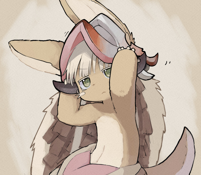 1other absurdres androgynous animal_ears blunt_bangs body_fur brown_fur ears_through_headwear furry green_eyes helmet highres horizontal_pupils made_in_abyss multicolored_pants nanachi_(made_in_abyss) other_focus siroa solo tail topless whiskers white_hair