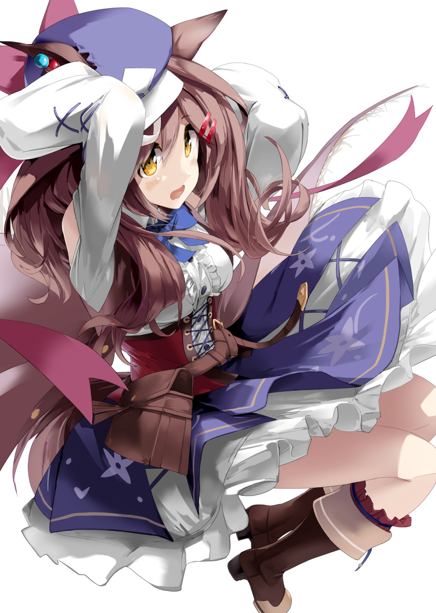 1girl animal_ears arms_up asalilysuke belt_buckle blush boots breasts buckle clothing_cutout commentary_request hair_between_eyes hair_ornament hairclip hat highres horse_ears horse_girl horse_tail looking_at_viewer matikane_tannhauser_(umamusume) medium_breasts medium_hair open_mouth ribbon shoulder_cutout solo tail umamusume white_background yellow_eyes