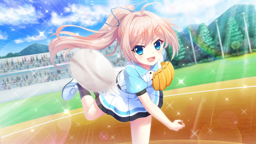 1girl ahoge baseball baseball_(object) baseball_jersey baseball_mitt black_socks bleachers blue_collar blue_eyes blue_footwear blue_ribbon blue_sky buttons clouds collar cross-laced_footwear crowd day dot_nose dutch_angle emphasis_lines film_grain game_cg grass hair_intakes hair_ornament hair_ribbon hairclip high_ponytail himura_nagisa izumi_tsubasu lens_flare mountainous_horizon non-web_source official_art open_mouth outdoors pink_hair pitching pitching_mound playing_sports pole re:stage! ribbon shoes skirt sky smile socks solo sparkle standing standing_on_one_leg throwing tree white_skirt