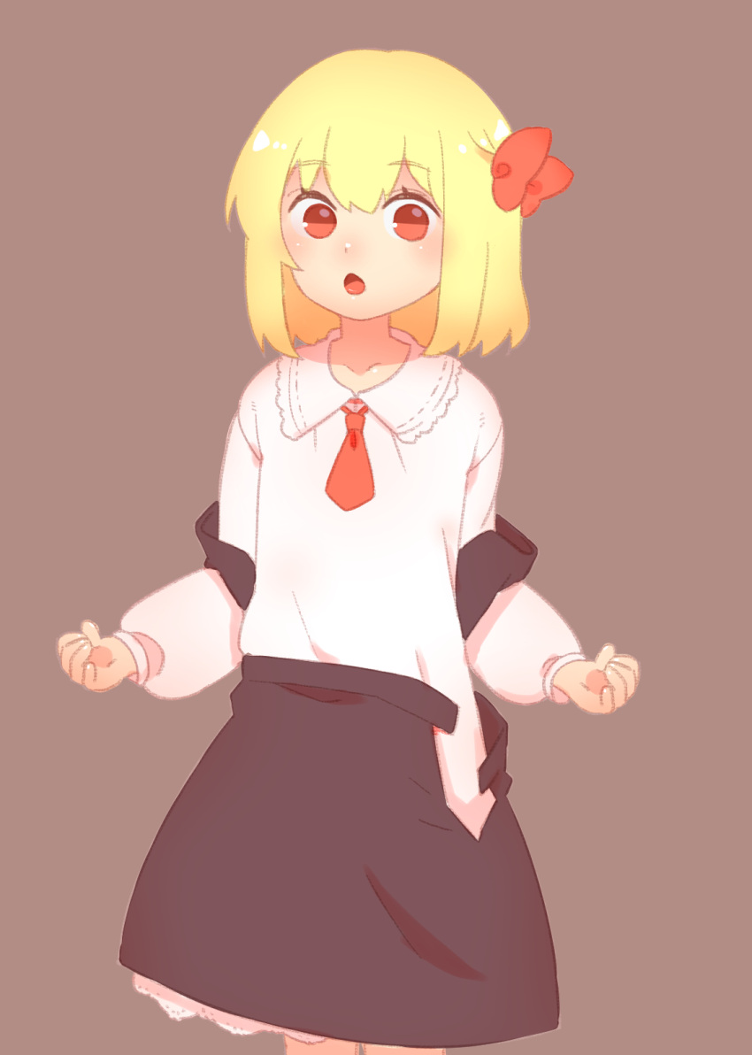 1girl :&lt; :o ascot black_skirt blonde_hair blush bow brown_background chestnut_mouth clenched_hands collarbone collared_shirt cowboy_shot hair_between_eyes hair_bow highres light_blush long_sleeves looking_at_viewer necktie no_pupils nose_blush open_clothes open_skirt open_vest parted_lips petticoat puffy_long_sleeves puffy_sleeves red_ascot red_bow red_eyes red_necktie rumia shamo_(koumakantv) shiny_skin shirt shirt_tucked_in short_hair short_necktie simple_background skirt skirt_set solo standing tongue touhou undressing vest vest_removed white_shirt wing_collar
