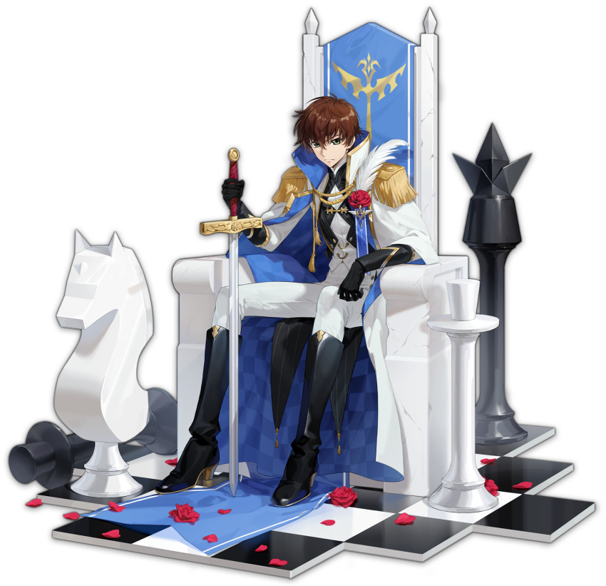 1boy artist_request black_footwear black_gloves boots brown_hair chess_piece code_geass flower frown gloves green_eyes highres holding holding_sword holding_weapon king_(chess) knight_(chess) kururugi_suzaku mahjong_soul male_focus official_art petals red_flower red_rose rose rose_petals short_hair simple_background sitting solo sword tachi-e throne transparent_background weapon