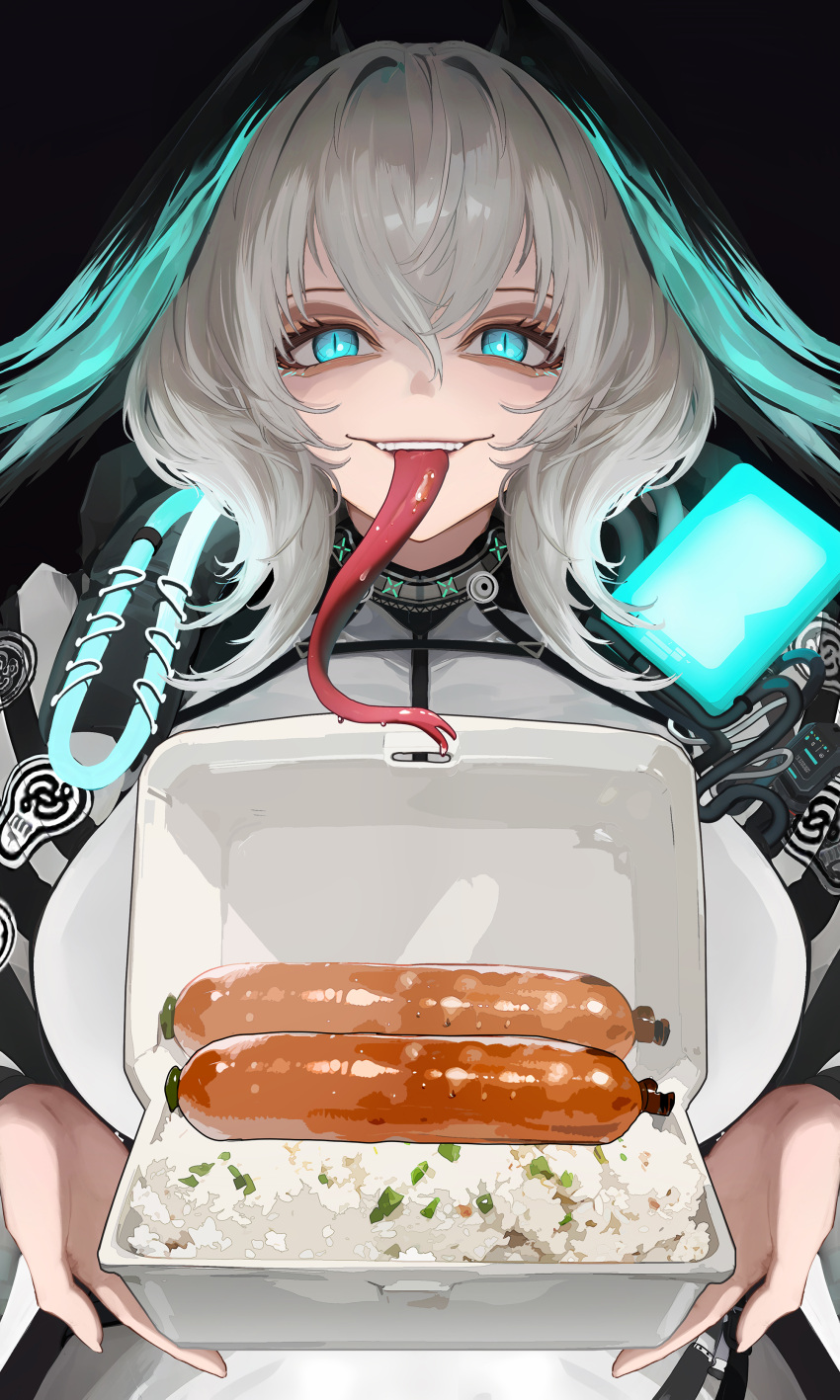 1girl absurdres aqua_wings arknights coat commentary english_commentary food forked_tongue grey_hair head_wings highres ho'olheyak_(arknights) holding holding_food kinohara_kossuta long_tongue medium_hair open_clothes open_coat presenting sausage slit_pupils smile straight-on teeth tongue tongue_out upper_body upper_teeth_only very_long_tongue white_coat wings