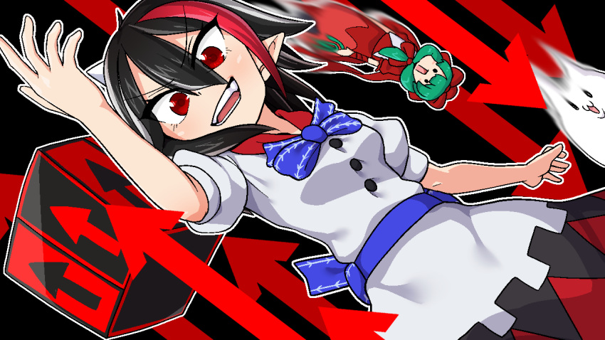 2girls :d arm_up arms_at_sides arrow_(symbol) arrow_print black_background black_hair blouse blue_bow blue_bowtie blue_sash blush_stickers bow bowtie comwoooo cowboy_shot d: dice fangs from_below front_ponytail green_hair hair_between_eyes hair_bow horns jaggy_lines kagiyama_hina kijin_seija long_bangs long_hair looking_at_viewer motion_blur multicolored_hair multiple_girls no_nose open_mouth outline pointy_ears print_bow print_bowtie puffy_short_sleeves puffy_sleeves red_bow red_eyes sash shiny_skin shirt short_hair short_sleeves smile solid_circle_eyes streaked_hair teeth touhou tsurime upside-down v-shaped_eyebrows white_horns white_outline white_shirt