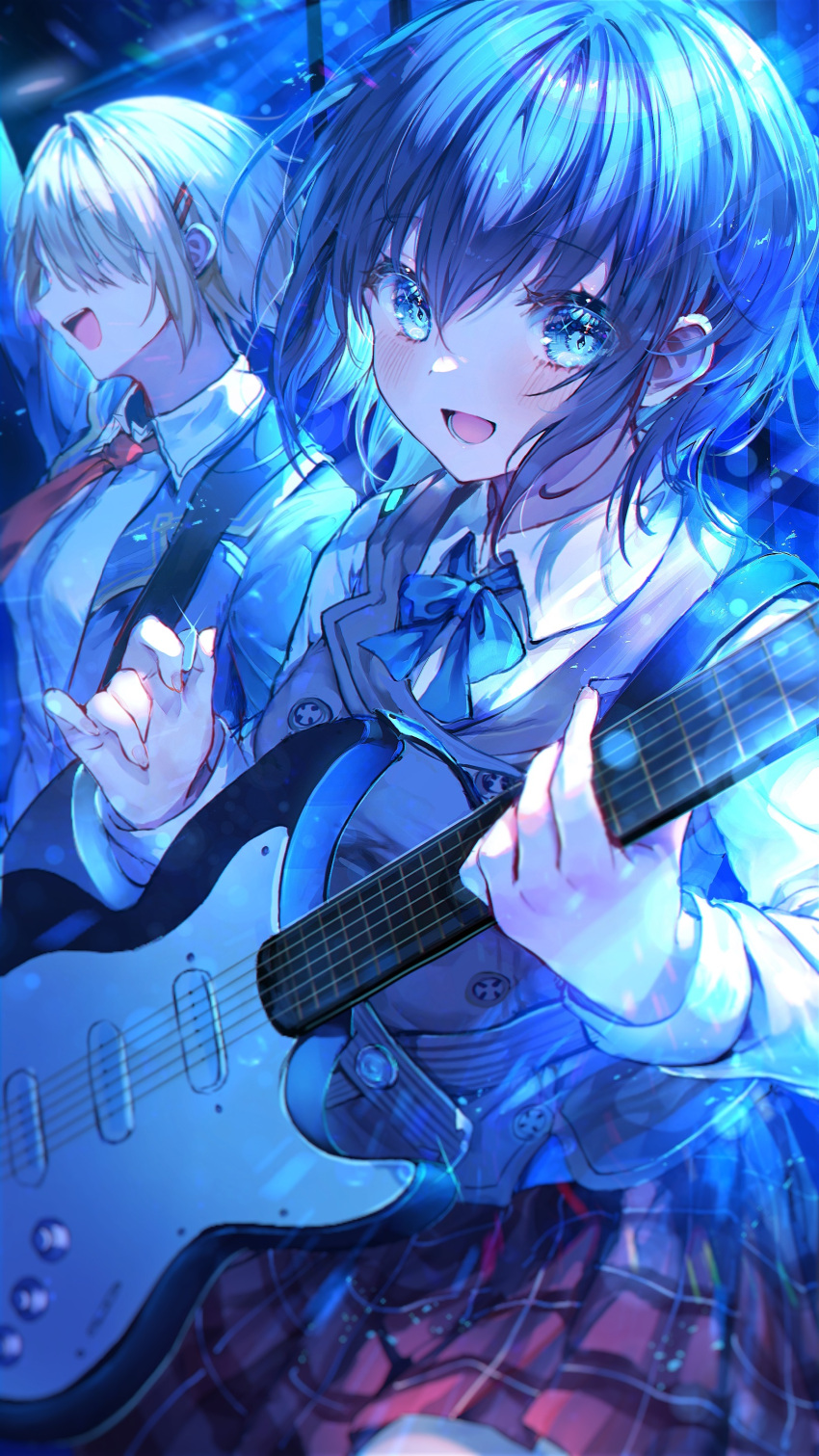 2girls absurdres aoi_erika black_hair blonde_hair blue_bow blue_bowtie blue_eyes blue_theme blush bow bowtie brown_vest buttons collared_shirt double-breasted guitar hair_between_eyes hair_ornament hair_over_one_eye hairclip heaven_burns_red highres holding holding_instrument holding_plectrum instrument kayamori_ruka long_sleeves looking_at_viewer medium_hair multiple_girls music necktie noyu_(noyu23386566) one_eye_covered open_mouth plaid plaid_skirt playing_instrument pleated_skirt plectrum red_necktie red_skirt school_uniform shirt short_hair skirt stage vest white_shirt