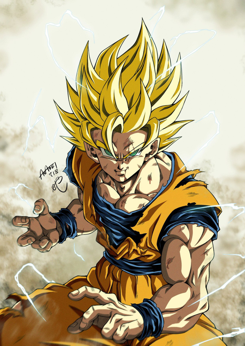 1boy artist_name biceps blonde_hair blue_sash blue_shirt blue_wristband closed_mouth collarbone commentary_request dougi dragon_ball dragon_ball_z electricity energy fighting_stance green_eyes hair_between_eyes highres looking_at_viewer male_focus muscular muscular_male pectorals sash scratches seya_(asasei_718) shirt short_sleeves signature smile smirk solo son_goku spiky_hair standing super_saiyan super_saiyan_1 torn_clothes torn_shirt v-shaped_eyebrows wristband