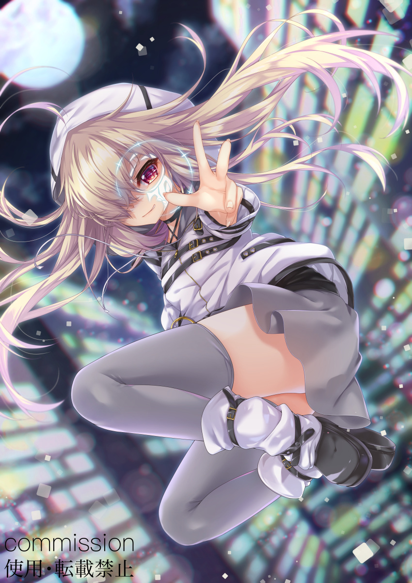 1girl 9-nine- absurdres amatsuji belt beret black_belt black_footwear blonde_hair blurry blurry_background city closed_mouth commentary_request delinquent eyelashes facial_tattoo fighting_stance fingernails full_body full_moon ghost_(9-nine-) glowing_tattoo grey_skirt grey_thighhighs hair_over_one_eye hair_spread_out hat highres jacket jumping light_particles long_hair looking_at_viewer miniskirt moon night outdoors outstretched_arm partial_commentary perspective red_eyes skirt smirk socks solo tattoo thigh-highs v-shaped_eyebrows white_headwear white_jacket white_socks zettai_ryouiki