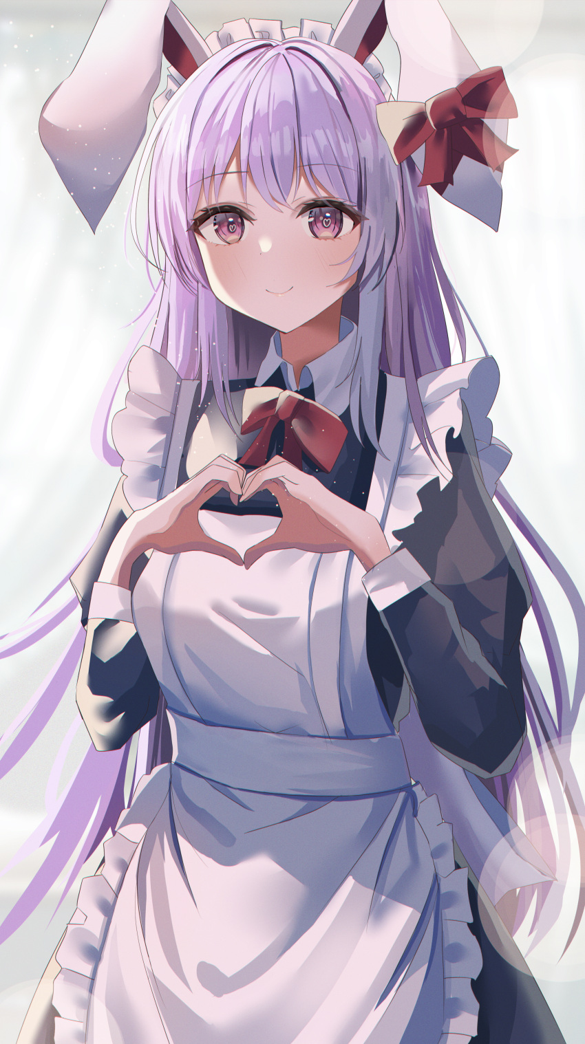 1girl absurdres alternate_costume animal_ears aohane apron blush breasts cowboy_shot ear_bow enmaided frills heart heart-shaped_pupils heart_hands highres large_breasts lens_flare long_hair maid maid_headdress purple_hair rabbit_ears reisen_udongein_inaba sidelighting simple_background smile solo symbol-shaped_pupils touhou very_long_hair violet_eyes white_apron wing_collar