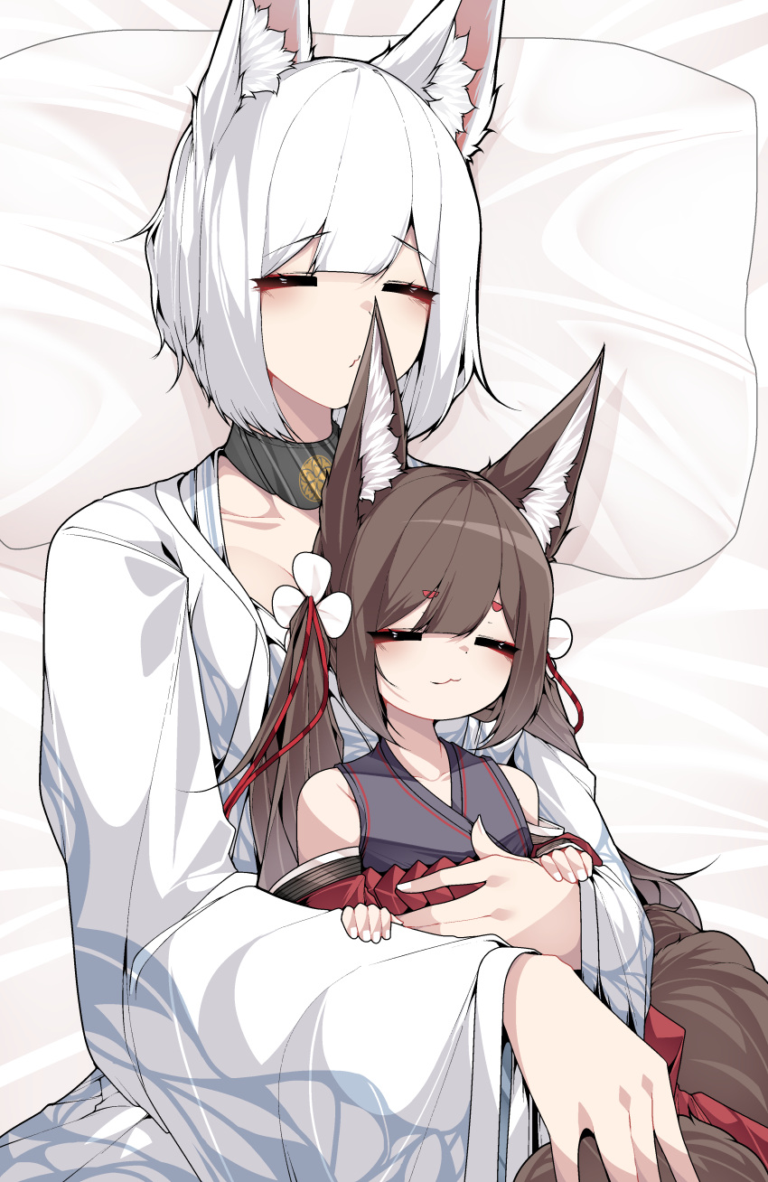 2girls absurdres age_difference aged_down amagi-chan_(azur_lane) animal_ear_fluff animal_ears azur_lane bed_sheet black_choker blunt_bangs blush brown_hair choker commentary dated_commentary fox_ears fox_girl fox_tail hair_ornament hands_on_another's_arm highres holding hug hug_from_behind japanese_clothes kaga_(azur_lane) kimono kitsune kyuubi long_hair lying multiple_girls multiple_tails on_back pillow print_kimono samip short_hair sidelocks sleeping tail thick_eyebrows twintails white_hair