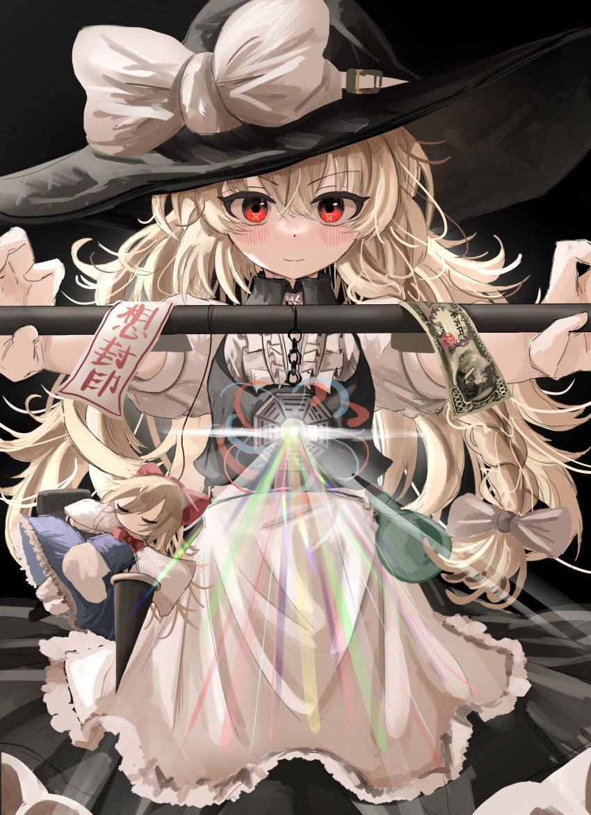 1girl absurdres apron black_background black_headwear blonde_hair bow braid closed_mouth commentary doll english_commentary hat hat_bow highres holding kirisame_marisa long_hair looking_at_viewer mini-hakkero ofuda ougiikun red_eyes shanghai_doll side_braid simple_background single_braid smile solo star_(symbol) star_in_eye symbol_in_eye touhou waist_apron white_apron white_bow
