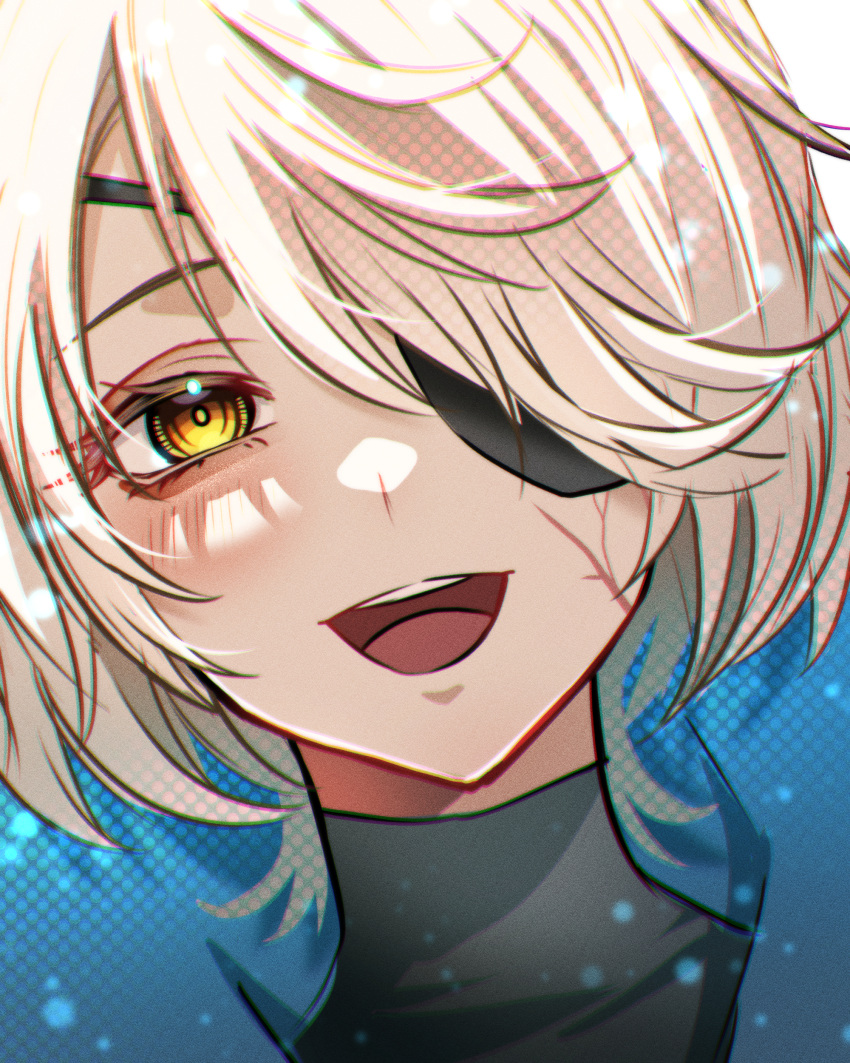 1girl absurdres animification apex_legends black_shirt blonde_hair blue_jacket blush brown_eyes cheek_piercing deep_current_wattson eyepatch hair_over_one_eye highres hood hood_down hooded_jacket jacket official_alternate_costume one_eye_covered open_mouth shirt short_hair smile solo torakichi_(torakichi_neko) wattson_(apex_legends) white_background