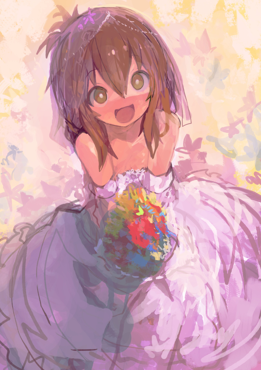 1girl absurdres bouquet brown_eyes brown_hair dress folded_ponytail hair_between_eyes highres holding holding_bouquet inazuma_(kancolle) kaamin_(mariarose753) kantai_collection long_hair looking_at_viewer open_mouth sidelocks smile solo wedding_dress white_dress