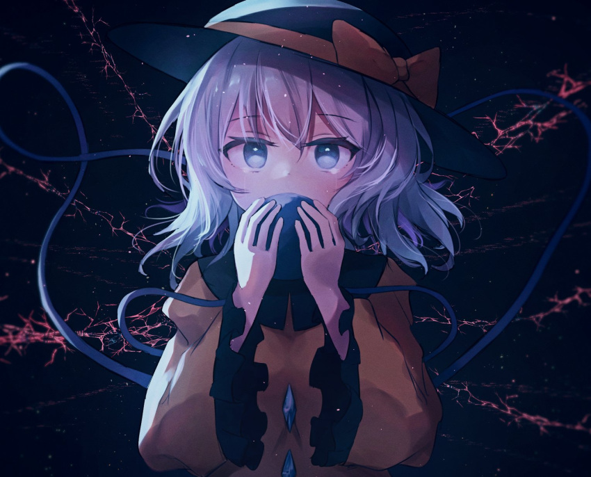 1girl ar_(maeus) black_background black_headwear bow commentary grey_eyes grey_hair hat hat_bow highres holding komeiji_koishi long_sleeves looking_at_viewer short_hair solo third_eye touhou upper_body yellow_bow