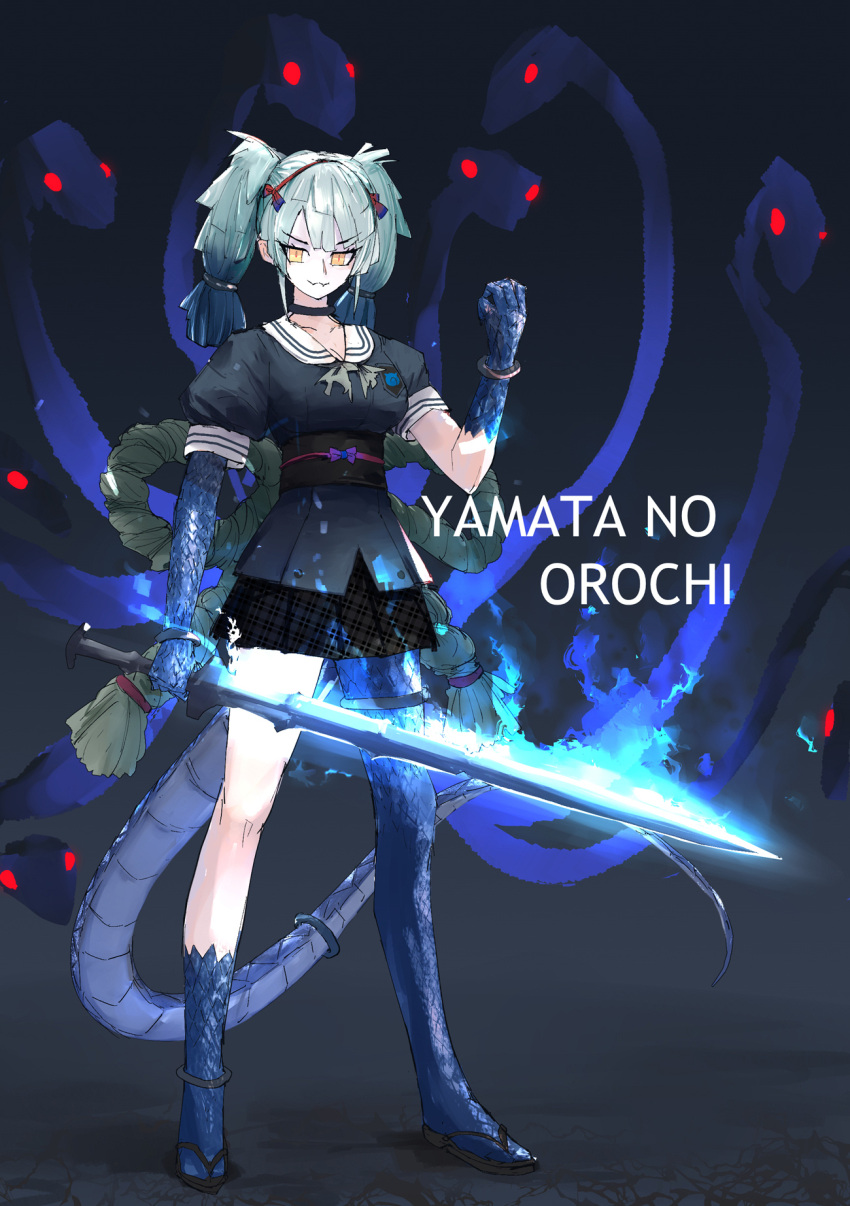 1girl :3 arm_at_side blue_eyes blue_fire character_name closed_mouth fangs fangs_out fire flaming_weapon full_body glowing glowing_eyes green_hair hairband hand_up highres holding holding_sword holding_weapon kemono_friends legs_apart long_hair looking_at_viewer low-tied_long_hair miniskirt monster_girl multicolored_hair neckerchief parted_bangs plaid plaid_skirt puffy_short_sleeves puffy_sleeves sailor_collar sandals scales school_uniform serafuku shirt short_sleeves skirt smile solo standing sword tail twintails v-shaped_eyebrows weapon yamata_no_orochi_(kemono_friends) yappamuri3 yellow_eyes