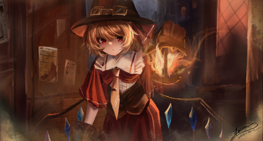 1girl absurdres alternate_costume blonde_hair brown_corset brown_gloves closed_mouth collared_shirt corset cowboy_shot flandre_scarlet frilled_shirt_collar frills gloves highres holding holding_lantern lantern leaning_forward multicolored_wings necktie night outdoors red_eyes red_skirt shirt short_sleeves signature skirt solo top-exerou touhou wings yellow_necktie