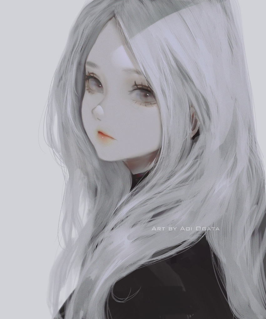 1girl aoi_ogata artist_name black_shirt clip_studio_paint_(medium) closed_mouth forehead from_side grey_background grey_eyes highres long_hair looking_at_viewer looking_to_the_side original red_lips shirt simple_background solo upper_body white_hair