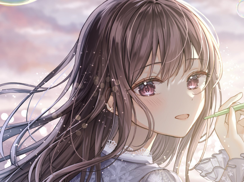 1girl blurry blush bokeh brown_hair bubble bubble_blowing close-up depth_of_field frilled_shirt frills highres holding_straw light_particles light_smile long_hair long_sleeves looking_at_viewer open_mouth original portrait sakura_(39ra) shirt solo violet_eyes