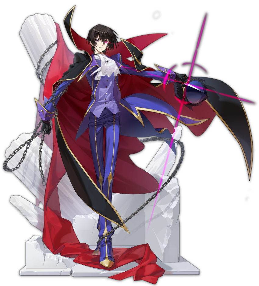 1boy artist_request black_cape black_gloves brown_hair cape chain code_geass formal geass gloves highres holding holding_chain holding_mask lelouch_vi_britannia looking_at_viewer mahjong_soul male_focus marble_(stone) mask mask_removed multicolored_cape multicolored_clothes official_art pants purple_pants purple_suit red_cape solo standing suit tachi-e transparent_background violet_eyes zero_(code_geass)