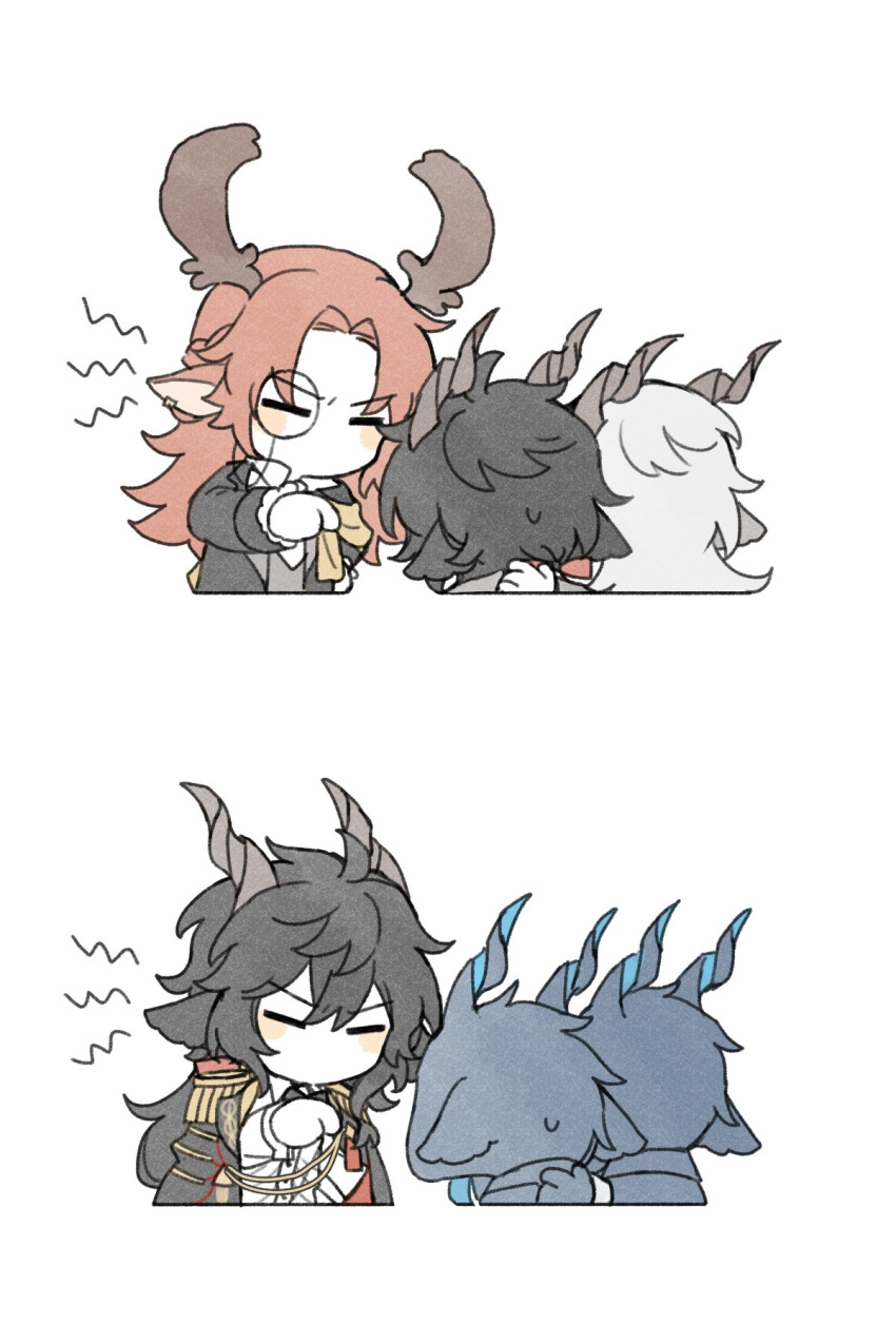 2others 3boys =_= animal_ears animal_head arknights black_bow black_bowtie black_cape black_hair black_jacket blush_stickers bow bowtie cape chibi collared_shirt cropped_torso czerny_(arknights) deer_antlers deer_boy deer_ears double-parted_bangs ebenholz_(arknights) ebenholz_(eine_variation)_(arknights) epaulettes furrowed_brow goat_boy goat_ears goat_horns grey_hair hair_between_eyes hair_ribbon hand_on_another's_back hand_on_own_hip highres horns jacket kreide_(arknights) long_hair long_sleeves low_ponytail male_focus monocle multiple_boys multiple_others multiple_views no_mouth official_alternate_costume orange_hair parted_bangs pointing pointing_at_another red_ribbon ribbon scowl shirt simple_background sweatdrop uncleko5 upper_body white_background white_shirt