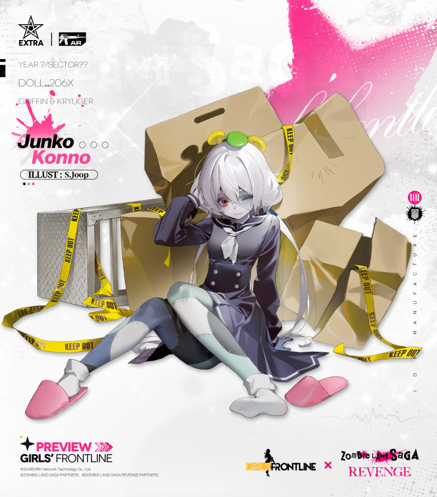 1girl ankle_socks artist_request black_serafuku box breasts cardboard_box caution_tape character_name colored_skin commentary copyright_name crossover english_commentary english_text girls_frontline hair_between_eyes hair_ornament hair_ribbon hand_up highres keep_out konno_junko long_hair long_sleeves looking_at_viewer low_twintails medium_breasts multicolored_skin mushroom_on_head official_art one_eye_closed pink_footwear promotional_art red_eyes ribbon school_uniform serafuku sitting skirt slippers socks solo stitches twintails white_hair white_ribbon white_socks zombie zombie_land_saga