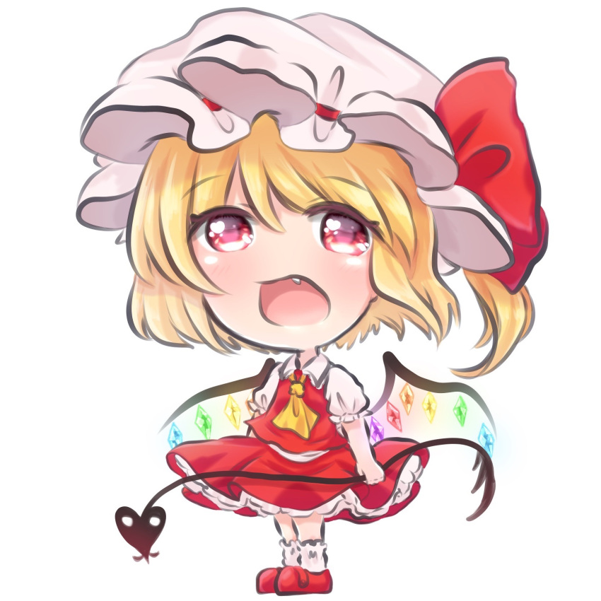 1girl ascot blonde_hair bow chibi collared_shirt crystal fang flandre_scarlet frilled_sleeves frills full_body glowing glowing_wings hair_bow hat hat_ribbon highres holding holding_polearm holding_weapon laevatein_(touhou) medium_hair multicolored_wings one_side_up open_mouth pink_eyes polearm puffy_short_sleeves puffy_sleeves red_footwear red_ribbon red_skirt red_vest ribbon sacchan_happy shirt short_sleeves simple_background skirt skirt_set socks solo standing touhou vest weapon white_background white_headwear white_shirt white_socks wings yellow_ascot