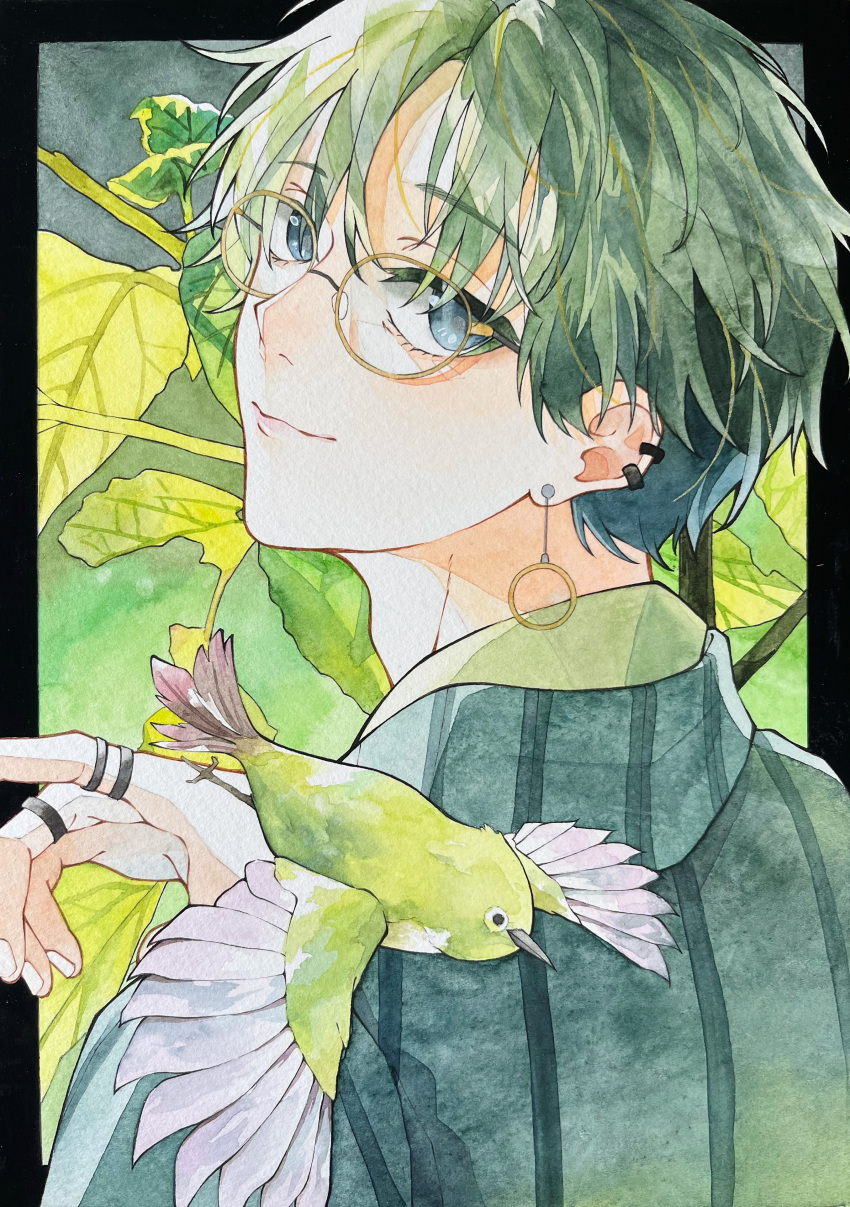 1boy absurdres acf_creator bird black_border blue_eyes border closed_mouth earrings fingernails from_behind glasses green_bird green_hair green_kimono green_theme hand_up highres japanese_clothes japanese_white-eye jewelry kimono leaf light_smile looking_at_viewer looking_back male_focus multiple_rings original outside_border painting_(medium) ring short_hair solo striped striped_kimono traditional_media upper_body watercolor_(medium)