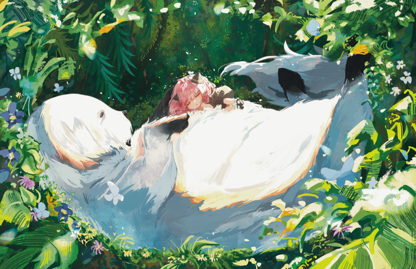 1girl absurdres anya_(spy_x_family) black_dress bond_(spy_x_family) bug butterfly closed_eyes crossover dog dress female_child flower forest highres looking_at_another lying nature on_back on_side outdoors pink_hair short_hair sleeping sleeping_on_person spy_x_family studio_ghibli tonari_no_totoro yumitang
