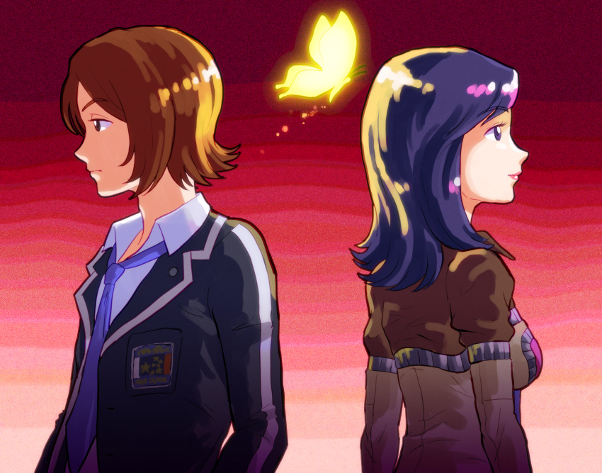 1boy 1girl amano_maya back-to-back black_jacket breasts brown_eyes brown_hair bug butterfly closed_mouth collared_shirt eyelashes frown highres jacket lips long_hair necktie persona persona_2 pink_lips purple_hair purple_necktie school_uniform seven_sisters_high_school_uniform shirt short_hair small_breasts smile suou_tatsuya violet_eyes white_shirt zawabug