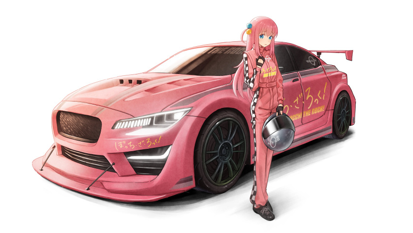 1girl absurdres black_footwear blue_eyes blush bocchi_the_rock! car copyright_name english_commentary gift_art gotou_hitori grey_headwear headwear_removed helmet helmet_removed highres holding holding_helmet jumpsuit long_hair looking_at_viewer motor_vehicle pink_hair pink_jumpsuit race_vehicle racecar racing_suit rojen_p shadow shoes solo spoiler_(automobile) standing vehicle_focus very_long_hair white_background