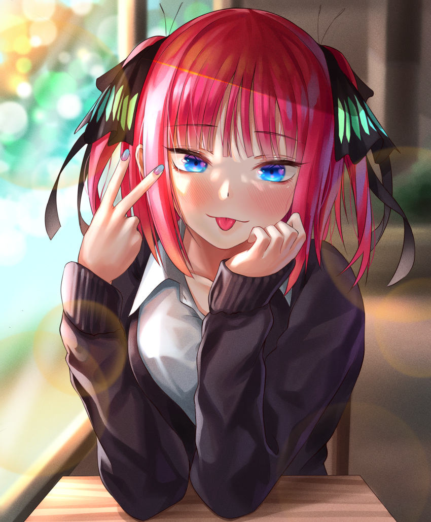 1girl :p akgrn black_jacket black_ribbon blue_eyes blue_nails blunt_bangs blurry blurry_background blush butterfly_hair_ornament closed_mouth collared_shirt commentary_request desk elbows_on_table eyelashes go-toubun_no_hanayome hair_ornament hair_ribbon hand_on_own_cheek hand_on_own_face highres holding_hands jacket korean_commentary lens_flare looking_at_viewer medium_hair nail_polish nakano_nino on_chair pink_hair pov ribbon shirt sidelighting sitting sleeves_past_wrists smile solo straight-on straight_hair tongue tongue_out upper_body v white_shirt