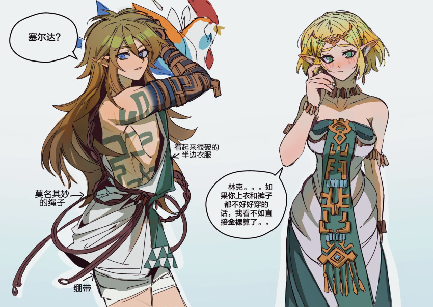1boy 1girl arm_tattoo arm_up bare_shoulders blonde_hair blue_skin breasts brown_hair chest_tattoo collarbone colored_skin cowboy_shot dress from_side green_dress green_eyes grey_dress highres large_breasts link long_hair looking_at_viewer pointy_ears princess_zelda short_hair shuo_yue simple_background speech_bubble tattoo the_legend_of_zelda the_legend_of_zelda:_tears_of_the_kingdom translation_request white_background