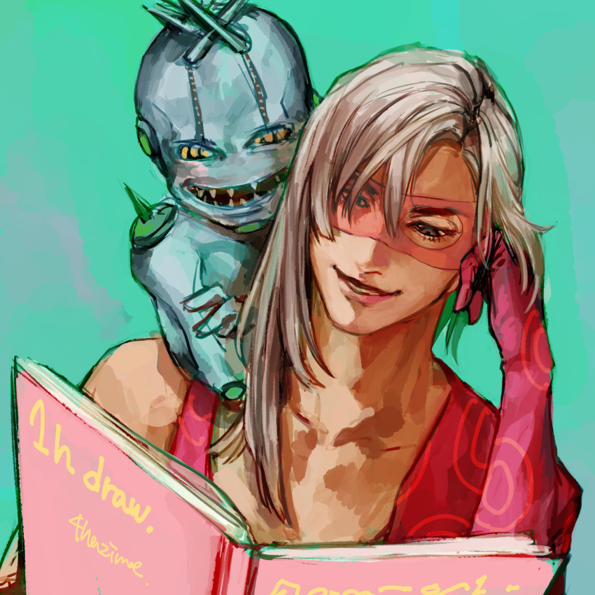 1boy :d baby_face_(stand) blonde_hair book gloves green_background grin highres holding holding_book jojo_no_kimyou_na_bouken lips long_hair male_focus melone meron_nouka pink_gloves reading sharp_teeth smile solo stand_(jojo) teeth upper_body vento_aureo