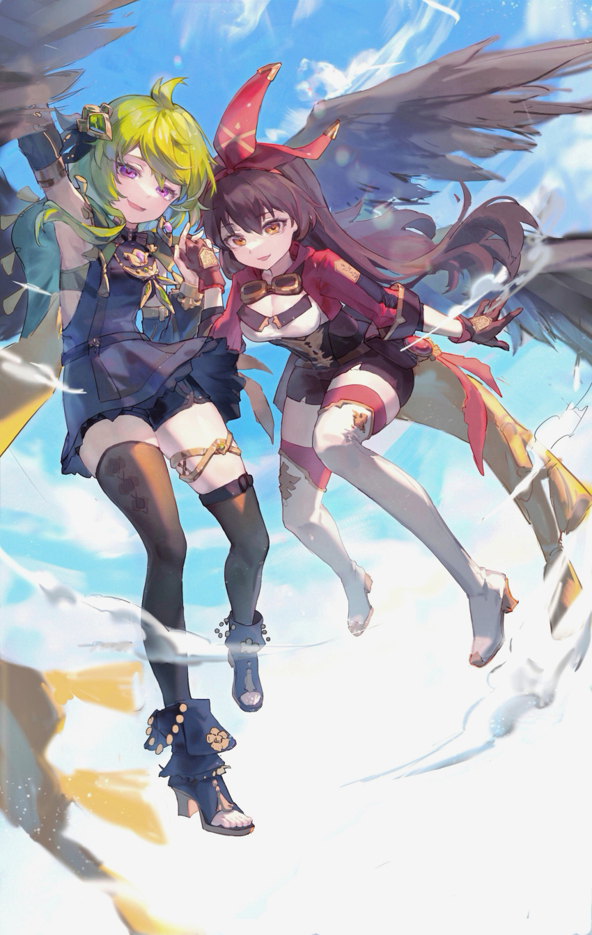 2girls :d absurdres ahoge amber_(genshin_impact) arm_up black_dress black_hair black_shorts black_thighhighs black_wings boots bow bow_hairband breasts brown_gloves cloak clouds collei_(genshin_impact) day dress feathered_wings flying gem genshin_impact gloves goggles goggles_around_neck gold_trim green_gemstone green_hair hairband highres holding_hands long_hair long_sleeves looking_at_viewer multiple_girls orange_eyes outdoors pink_gemstone platform_boots platform_footwear red_bow red_shirt shirt short_hair shorts sky sleeveless sleeveless_dress small_breasts smile thigh-highs thigh_boots thighlet violet_eyes white_footwear wings xiaoxiaoanye yuri
