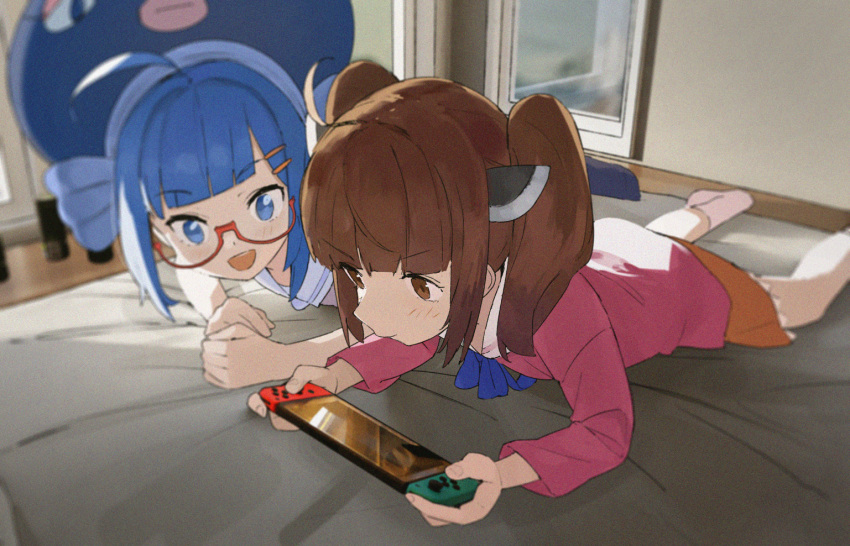2girls ahoge arm_support black_socks blade blue_eyes blue_hair blunt_bangs blurry brown_eyes brown_hair can closed_mouth concentrating depth_of_field eel_hat film_grain glasses hair_ornament hairclip handheld_game_console headgear holding holding_handheld_game_console indoors looking_at_screen lying medium_hair multiple_girls nintendo_switch no_shoes on_bed on_stomach open_mouth orange_skirt otomachi_una otomachi_una_(talkex) pikumin pink_shirt playing_games red-framed_eyewear sailor_collar semi-rimless_eyewear shirt skirt smile socks talkex touhoku_kiritan twintails v-shaped_eyebrows vocaloid voiceroid white_sailor_collar white_socks