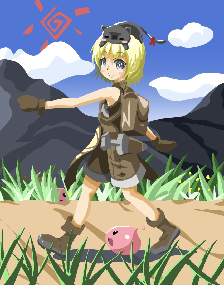 1girl :3 animal_on_head black_cat blonde_hair blue_eyes blue_sky blush_stickers boots bright_pupils brown_footwear brown_gloves brown_shirt brown_shorts cat cat_on_head cel_shading closed_mouth clouds commentary_request day full_body gloves grass highres looking_at_viewer looking_to_the_side medium_bangs nekoyume_(byoumu) novice_(ragnarok_online) on_head outdoors path poring ragnarok_masters ragnarok_online shirt short_hair shorts sky sleeveless sleeveless_shirt slime_(creature) smile sparkle sun_symbol walking white_pupils