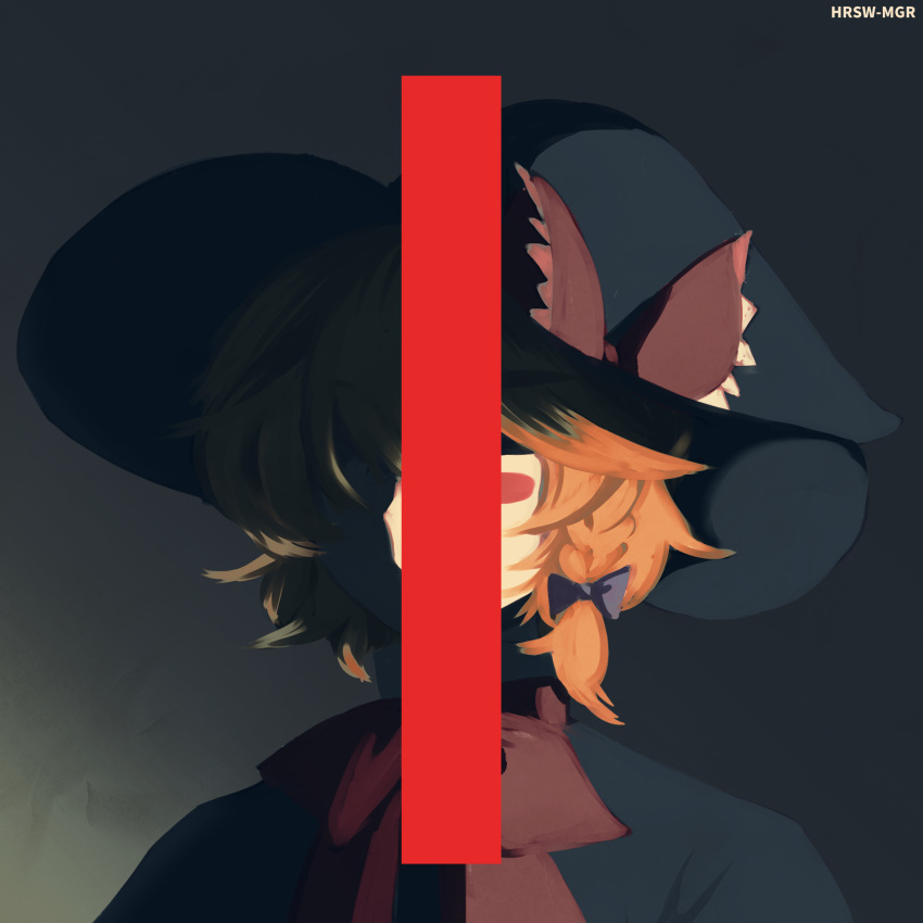 1girl album_cover_redraw black_bow black_capelet black_headwear blonde_hair blush_stickers bow bowtie braid capelet closed_eyes closed_mouth commentary_request cookie_(touhou) derivative_work hair_between_eyes hair_bow hat hat_bow highres kirisame_marisa kyuusai_no_gihou long_bangs lsnsn meguru_(cookie) red_bow red_bowtie short_hair side_braid single_braid solo touhou upper_body witch_hat