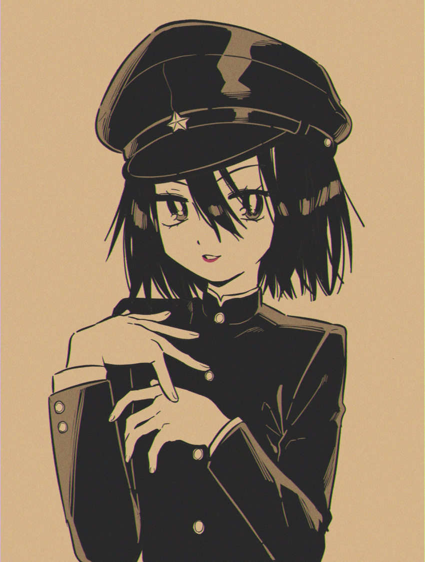 1girl akitsu_maru_(kancolle) black_eyes black_hair black_headwear brown_background buttons gloves hair_between_eyes hat highres kantai_collection long_sleeves menma_(enaic31) military military_hat military_uniform open_mouth peaked_cap short_hair simple_background solo uniform upper_body white_gloves