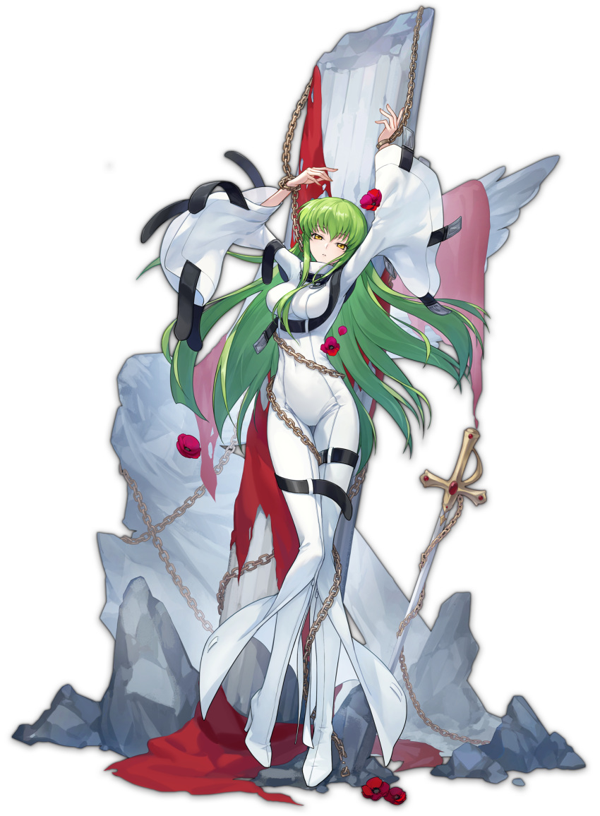 1girl artist_request bodysuit breasts c.c. chain chained_wrists code_geass column flower full_body green_hair high_heels highres looking_at_viewer mahjong_soul marble_(stone) official_art pillar red_flower rock solo standing sword tachi-e transparent_background weapon white_bodysuit white_footwear wide_sleeves yellow_eyes