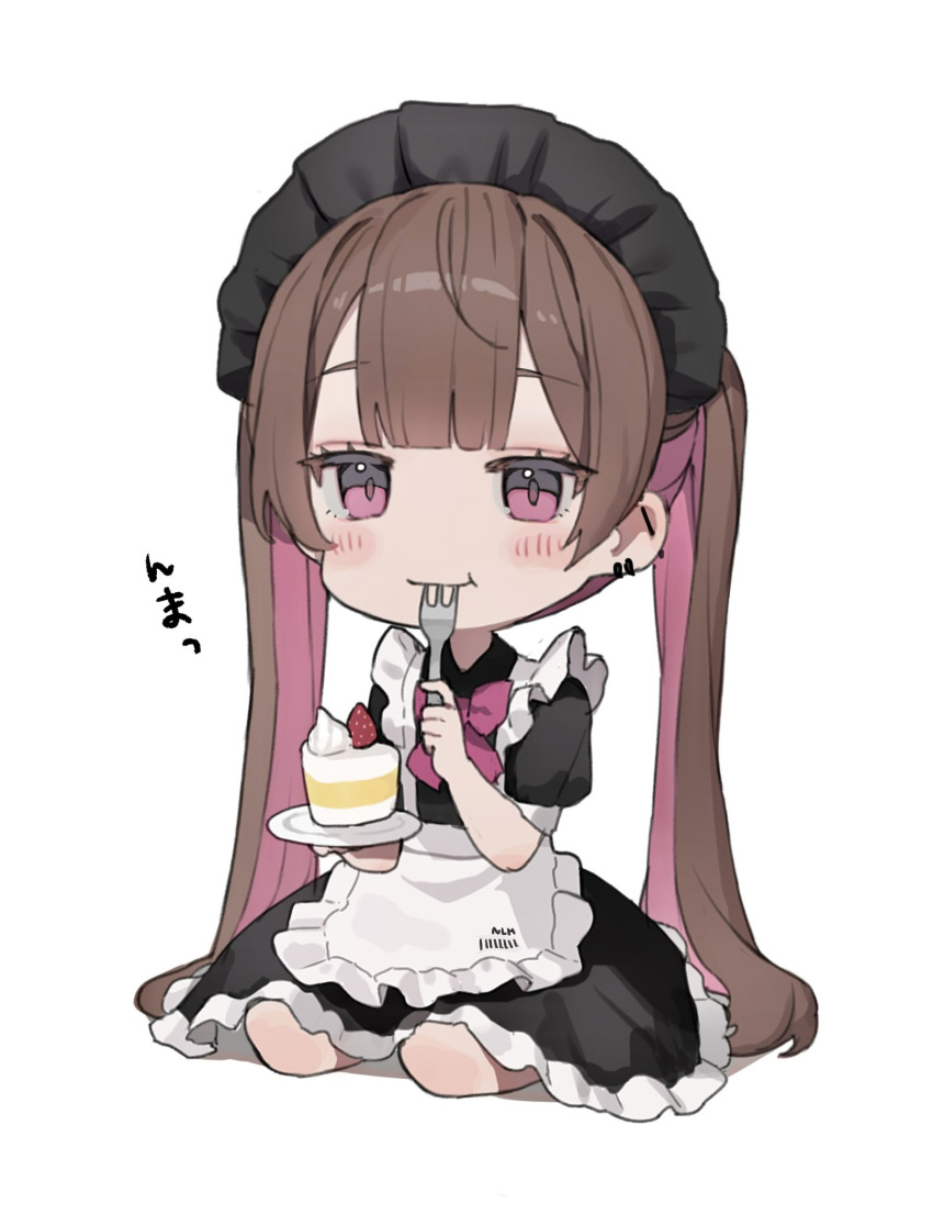 1girl apron black_dress blunt_bangs blush bow bowtie brown_hair cake chibi colored_inner_hair daluto_(hitomi555) dress ear_piercing earrings eating food fork frilled_dress frills highres holding holding_cake holding_food holding_fork jewelry kneeling looking_at_viewer maid maid_apron maid_headdress multicolored_hair original piercing pink_bow pink_bowtie smile solo twintails violet_eyes