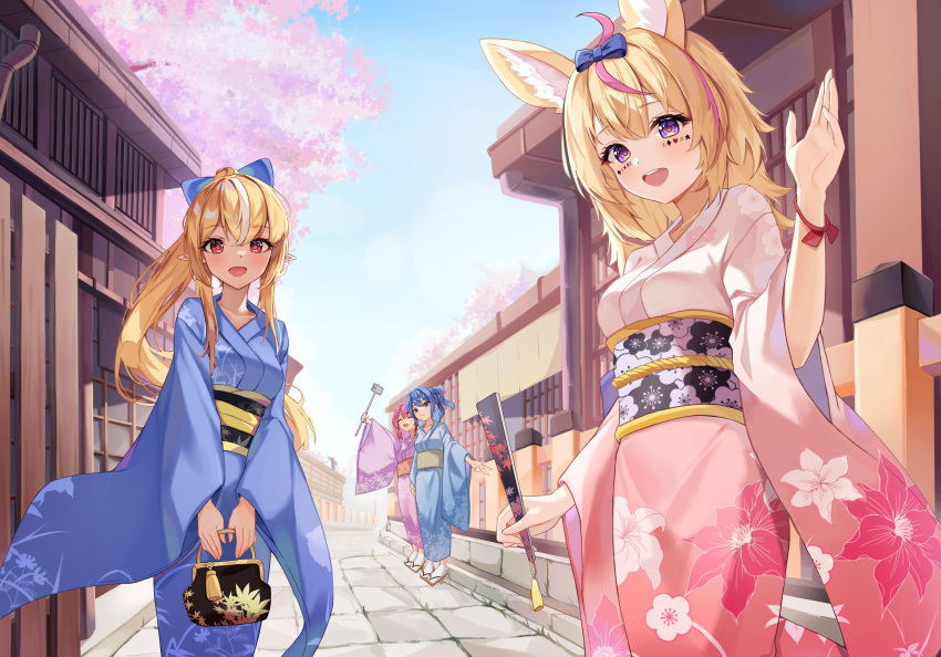 4girls absurdres alternate_costume animal_ear_fluff animal_ears architecture bag black_hair blonde_hair blue_bow blue_eyes blue_hair blue_kimono blue_sky bow breasts building cellphone cherry_blossoms closed_eyes closed_mouth commentary dark-skinned_female dark_skin day east_asian_architecture elf facial_mark floral_print folded_fan folding_fan fox_ears fox_girl hair_bow hand_fan hand_up handbag heart heart-shaped_pupils high_ponytail highres holding holding_bag holding_fan holding_stick hololive hoshimachi_suisei japanese_clothes kimono long_hair looking_at_viewer medium_breasts medium_hair multicolored_hair multiple_girls obi okey omaru_polka open_mouth outdoors paper_fan phone pink_hair pink_kimono pointy_ears print_kimono purple_kimono red_eyes sakura_miko sandals sash selfie selfie_stick shiranui_flare side_ponytail sidelocks sky small_breasts smartphone smile socks standing stick streaked_hair symbol-only_commentary symbol-shaped_pupils taking_picture teeth upper_teeth_only violet_eyes virtual_youtuber waving white_socks wide_sleeves