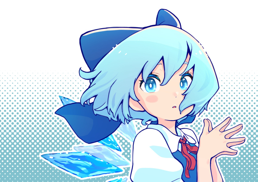 1girl absurdres blue_bow blue_dress blue_eyes blue_hair blush_stickers bow bright_pupils cirno dress eyebrows_hidden_by_hair hair_bow highres ice ice_wings looking_at_viewer outline own_hands_together parted_lips short_hair silentmonday simple_background solo touhou upper_body white_background white_outline white_pupils wings