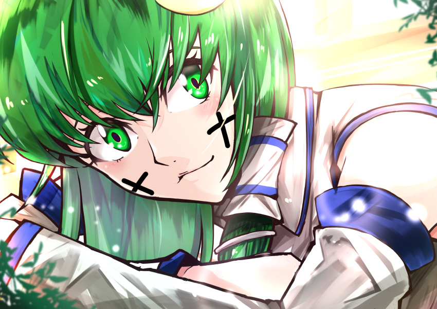 1girl absurdres blush closed_mouth collared_shirt commentary_request cookie_(touhou) cross detached_sleeves facepaint frog_hair_ornament green_eyes green_hair hair_between_eyes hair_ornament highres kochiya_sanae long_bangs long_hair looking_at_viewer paseri_(cookie) renka_mz shirt single_hair_tube single_sidelock sleeveless sleeveless_shirt smile snake_hair_ornament solo touhou upper_body white_shirt white_sleeves