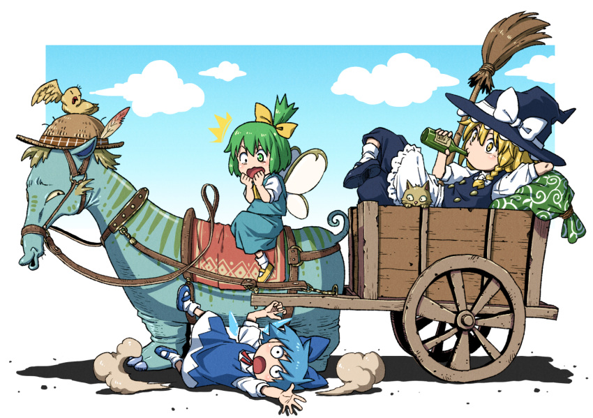 3girls ^^^ animal apron arm_behind_back arm_up bird blonde_hair blue_hair bottle bow braid broom cat chibi cirno commentary_request crossed_legs daiyousei dress drinking fairy_wings fallen_down from_side full_body green_hair hat hat_bow holding holding_bottle ice ice_wings inuno_rakugaki kirisame_marisa long_hair looking_at_another lying multiple_girls on_back on_side open_mouth riding shirt shoes short_hair short_sleeves side_braid single_braid standing straw_hat surprised touhou waist_apron white_apron wide-eyed wings witch_hat