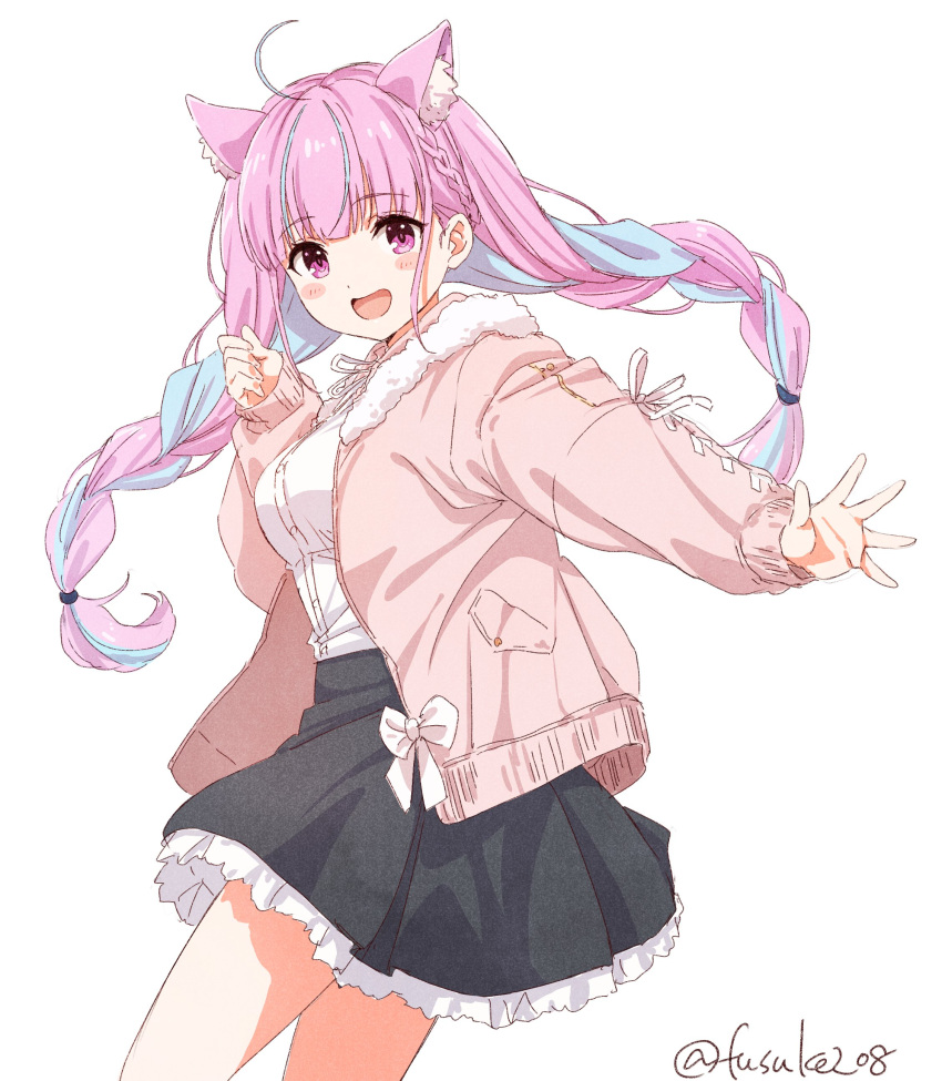 1girl absurdres ahoge animal_ear_fluff animal_ears black_skirt blue_hair blush braid breasts cat_ears dress_shirt extra_ears frilled_skirt frills from_side fuusuke_(fusuke208) hand_up highres hololive jacket long_hair long_sleeves looking_at_viewer low_twin_braids medium_breasts minato_aqua multicolored_hair open_mouth outstretched_arm pink_hair pink_jacket shirt side_braid skirt smile solo twin_braids twitter_username two-tone_hair violet_eyes virtual_youtuber white_background white_shirt