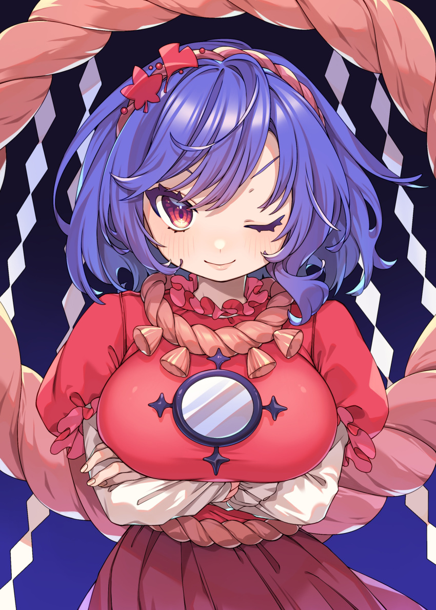 1girl ;) absurdres arms_under_breasts breasts closed_mouth commentary e_sdss gradient_background hair_ornament highres large_breasts layered_sleeves leaf_hair_ornament long_sleeves looking_at_viewer mirror one_eye_closed purple_background purple_hair red_eyes rope shide shimenawa short_hair short_over_long_sleeves short_sleeves smile solo touhou upper_body yasaka_kanako