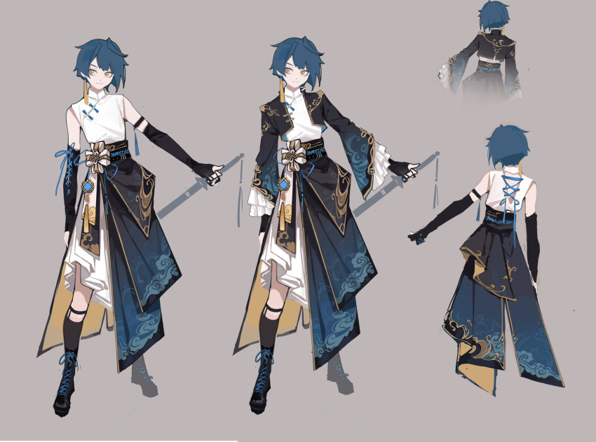 1boy alternate_costume bishounen blue_hair brown_background chinese_clothes doupu41 full_body garter_straps genshin_impact highres long_sleeves male_focus multiple_views outstretched_arm shirt short_hair simple_background solo sword weapon white_shirt xingqiu_(genshin_impact) yellow_eyes