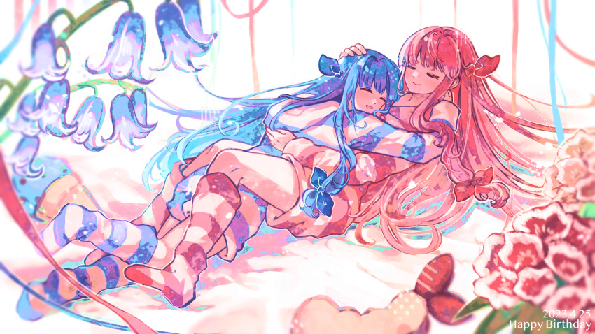 2girls absurdres bed_sheet beekan bellflower blue_bow blue_flower blue_hair blue_pajamas blue_socks blunt_bangs blurry bow closed_eyes closed_mouth dated depth_of_field drooling english_text flower flower_request food food-themed_pillow foot_up full_body hair_bow hair_spread_out hand_on_another's_head happy_birthday highres hood hood_down hooded_pajamas hug kneehighs knees_up kotonoha_akane kotonoha_aoi long_hair long_sleeves lying mint_chocolate multiple_girls mutual_hug on_stomach open_mouth pajamas pink_hair pink_pajamas pink_socks reclining red_bow red_flower shorts shrimp shrimp_tempura siblings sidelocks sisters smile socks streamers striped striped_pajamas striped_socks tempura very_long_hair voiceroid white_background